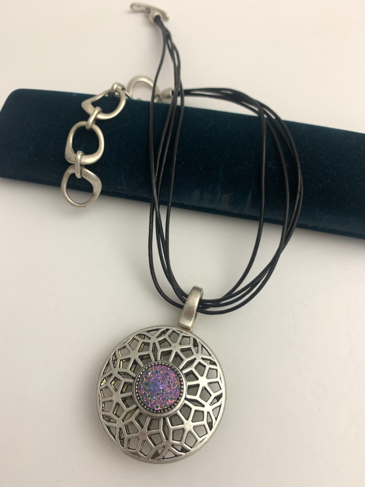 Black Leather Multi-String Silver Pendant Necklac… - image 1