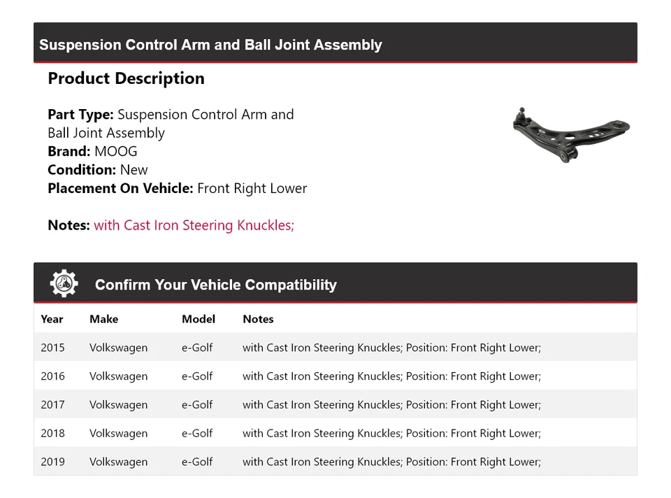 Brazo de control delantero derecho inferior MOOG 2015-2019 Volkswagen e-Golf 2015 2016 Foto 2 de 4