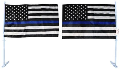 2 Pack USA Thin Blue Line 12''x18'' Double Sided Rough Tex Knit Nylon Car Flag
