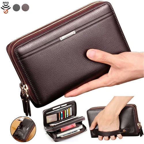 Herren Handtasche Leder Handgelenktasche Große RFID Schutz Brieftasche Geldbörse - Bild 13 von 16