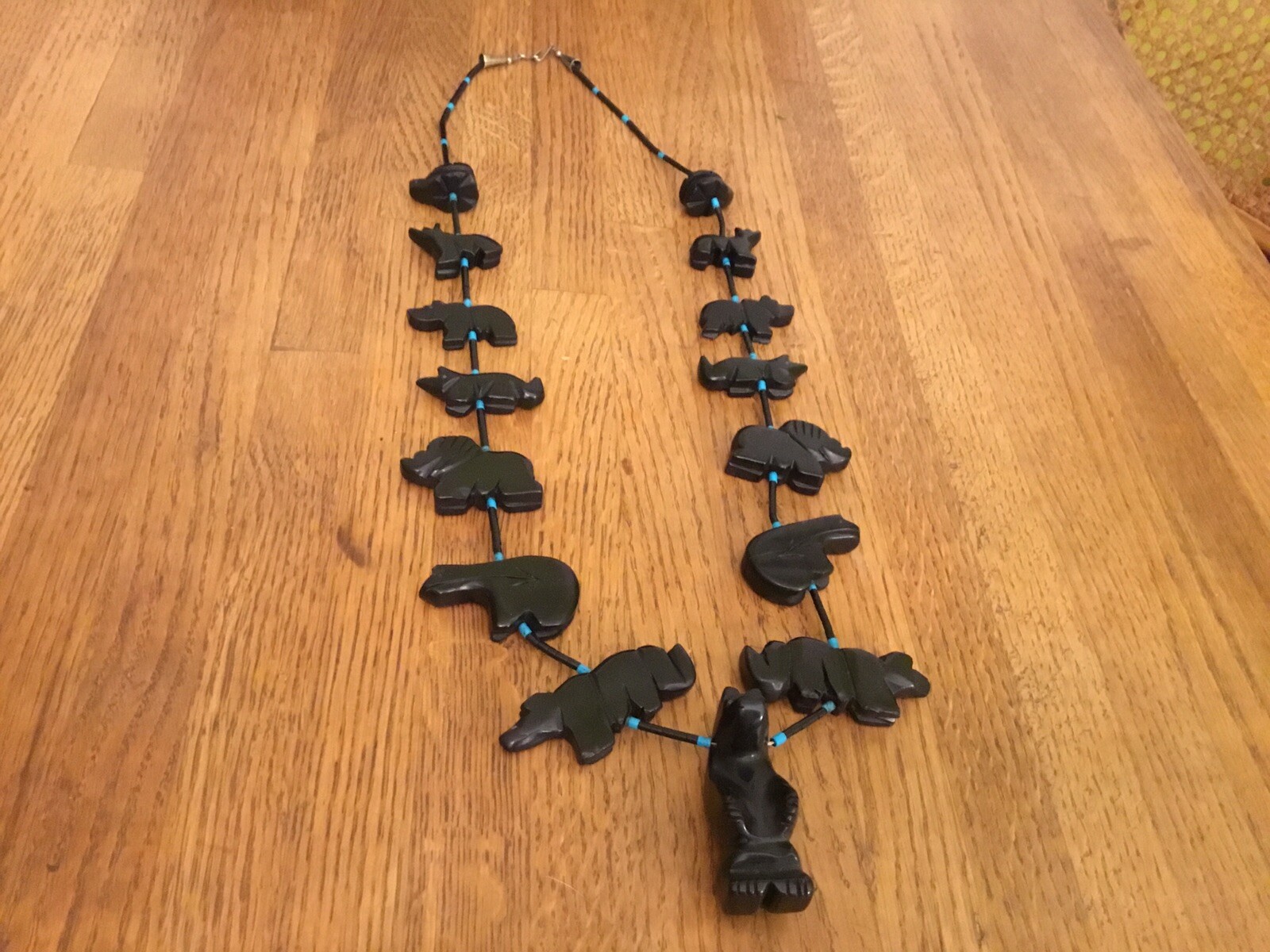 Zuni Car ved Jet Fetish Multi Animal Necklace W/Turquoise & Jet Heishi