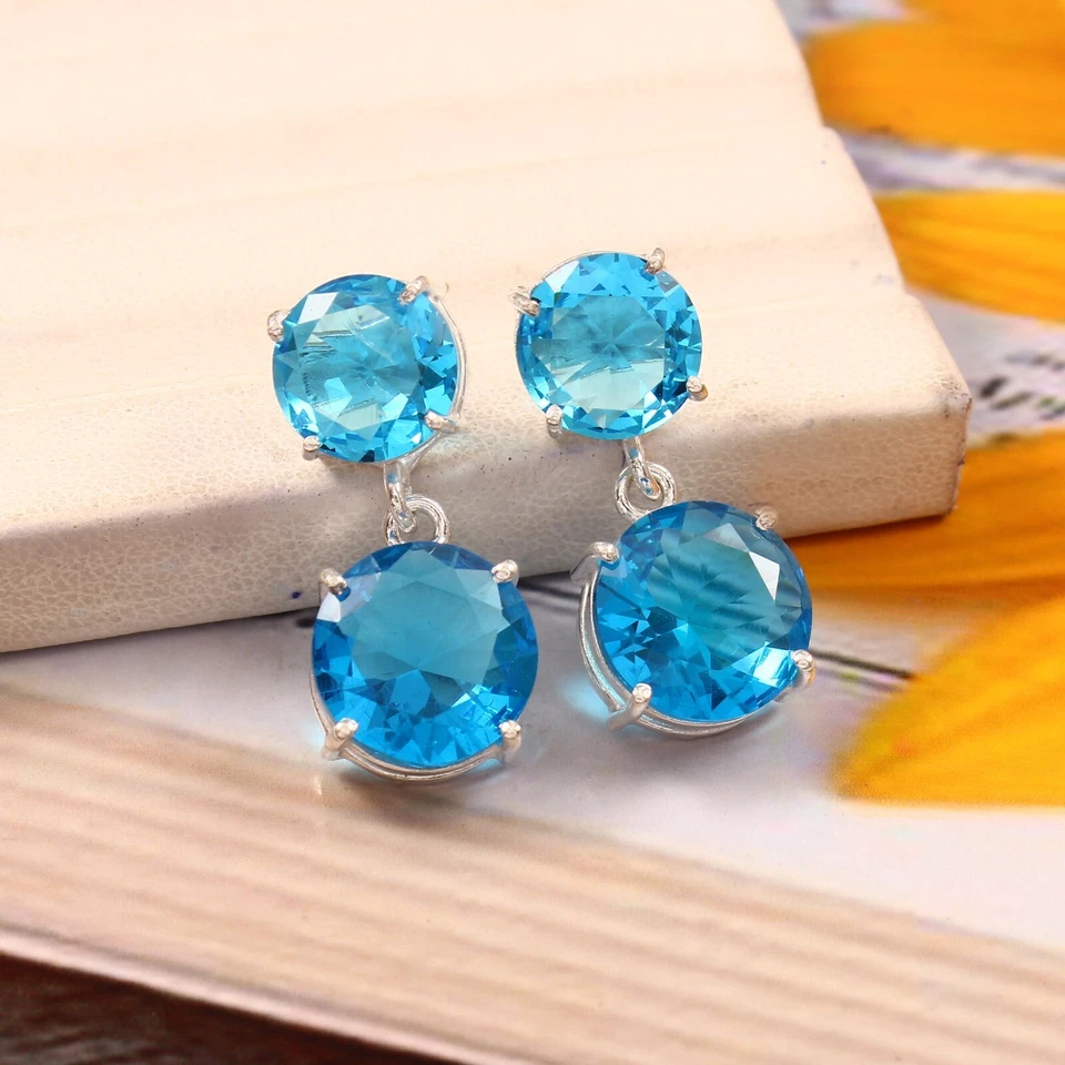 Blue Topaz Quartz Round Gemstone Silver Plated Stud Earrings Dainty Jewelry - Image 3 of 3