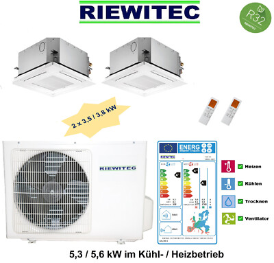 Dual MultiSplit Deckenkassetten 2x3,5 kW RIEWITEC Klimaanlage 5,3/5,6 kW, A+/A