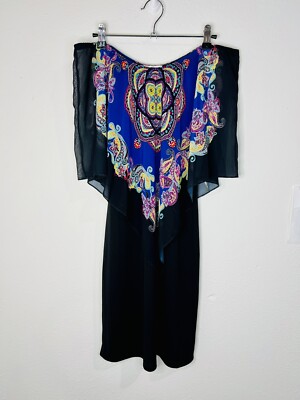 NWOT Agenda Black Dress with Blouse Shaw Off The Shoulder Overlay Paisley Size S