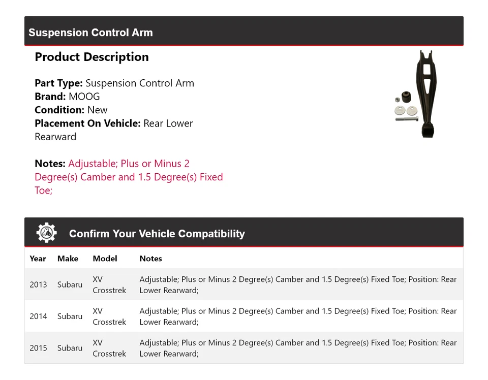 For 2013-2015 Subaru XV Crosstrek Suspension Control Arm MOOG 2013 2014 2015 - Image 2 of 4