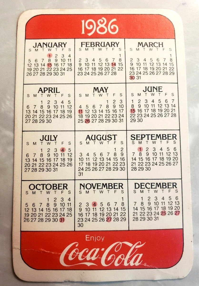 Coca-Cola 1986 Pocket Calendar Card Holidays List Promo Vintage | eBay