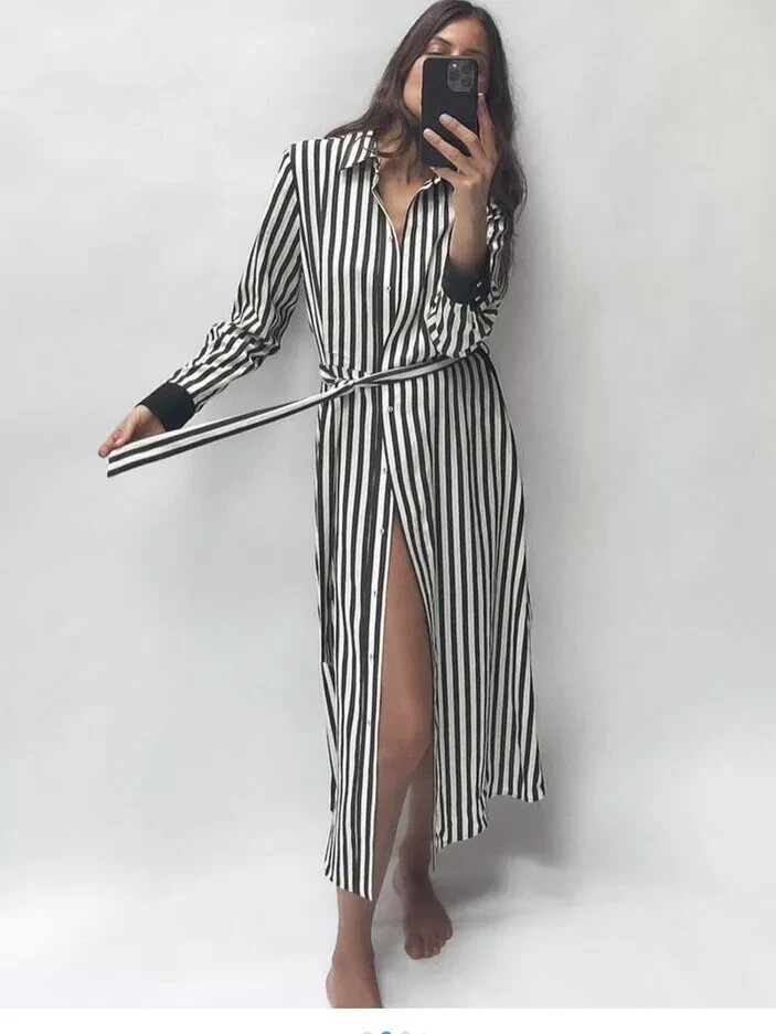 Zara a Righe Midi Camicia Abito Lungo con Cintura Navy Bianco