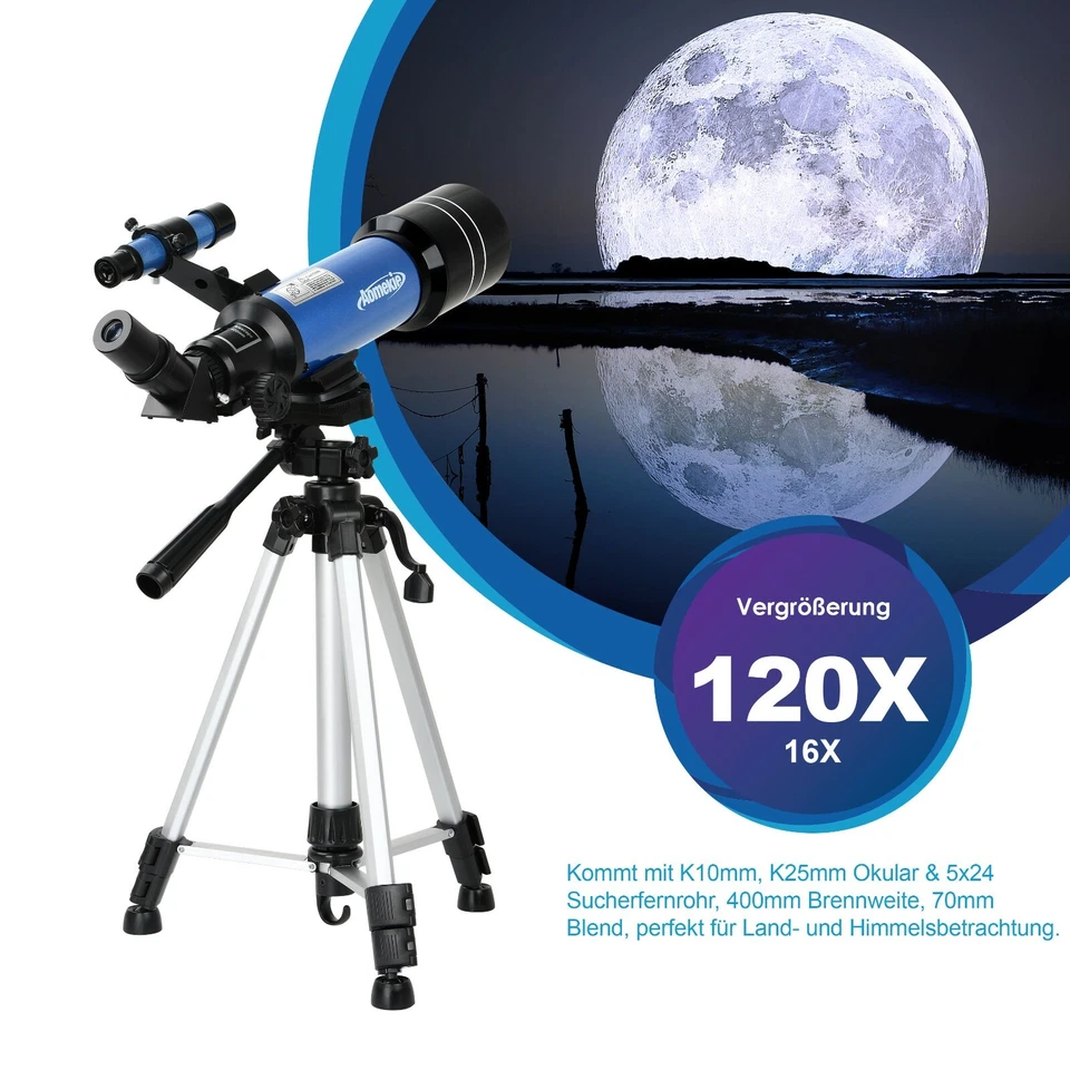 Aomekie 400x70mm 16-120X Refractor Teleskop mit Stativ Rucksack Telefonadater - Bild 2 von 4