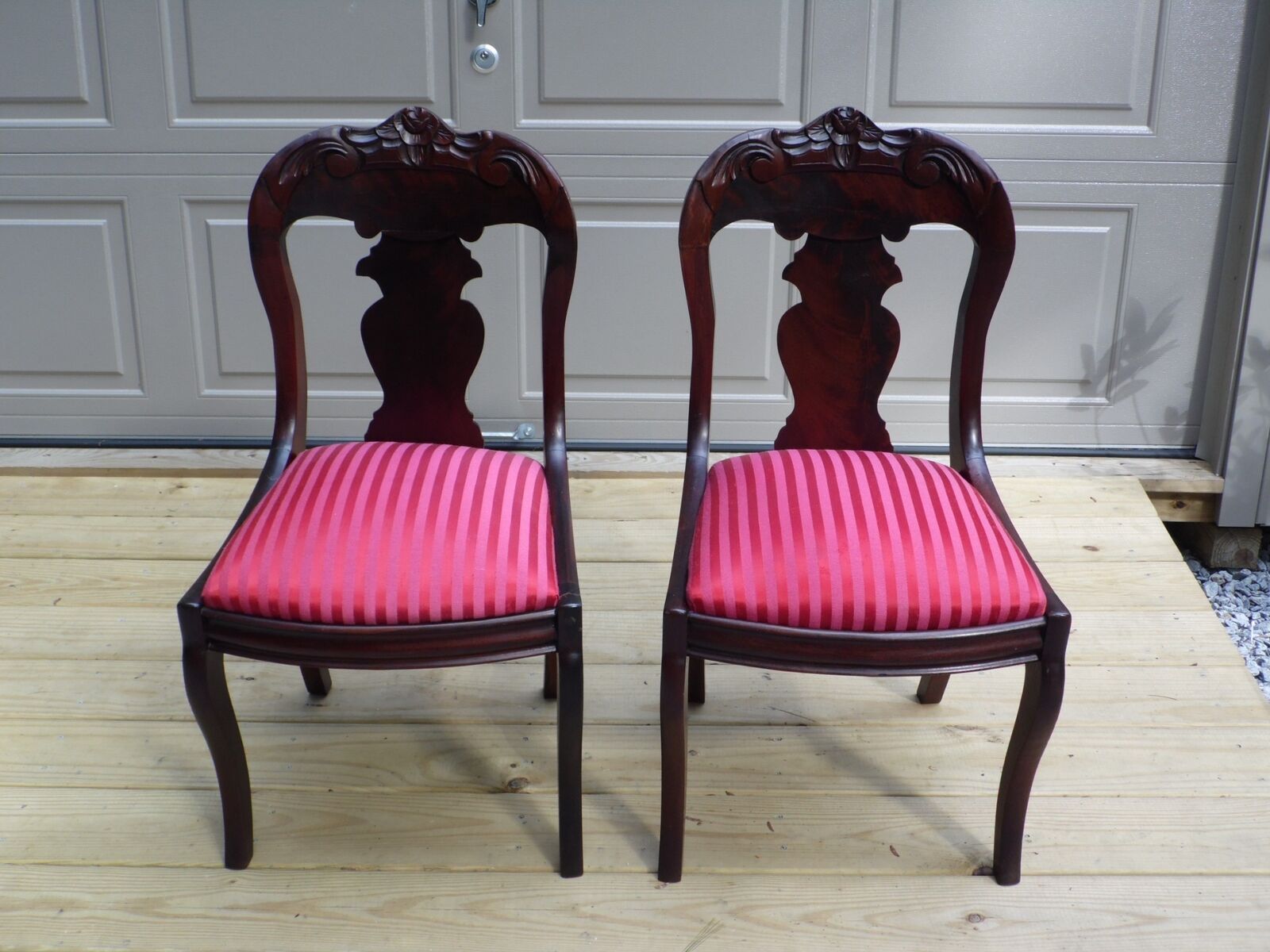 Antique Pair Hand Carved Flame Mahogany American Empire Dining Chairs 19th c.