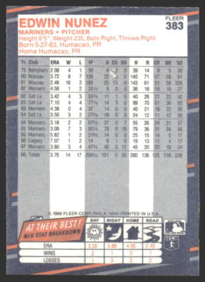 バイイー Edwin Nunez #383 1988 Fleer Seattle Mariners | eBay