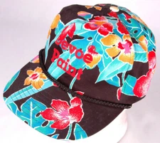 DEVOE PAINT Trucker Hat-Black Hawaiian Print-Floral-Zip Back-Rope Bill-Vtg