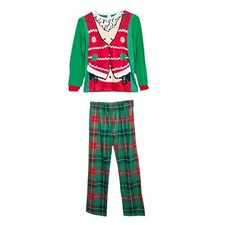 Kids Christmas Pajama Set Elf Santa Print 2PC Holiday Sleepwear Soft Size 10-11Y