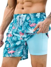 Mens Swim Trunks with Compression Liner 7 inch Inseam 2 Pack Quick Dry Stretc...