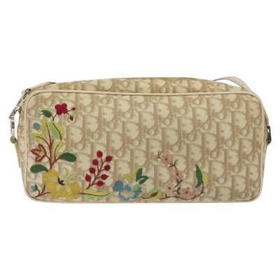 Dior トロッター Christian Dior Trotter Canvas Flower Shoulder Bag Beige Silver