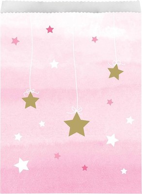 One Little Star Girl Pink Twinkle Cute 1st Birthday Party Favor Paper Treat Bags