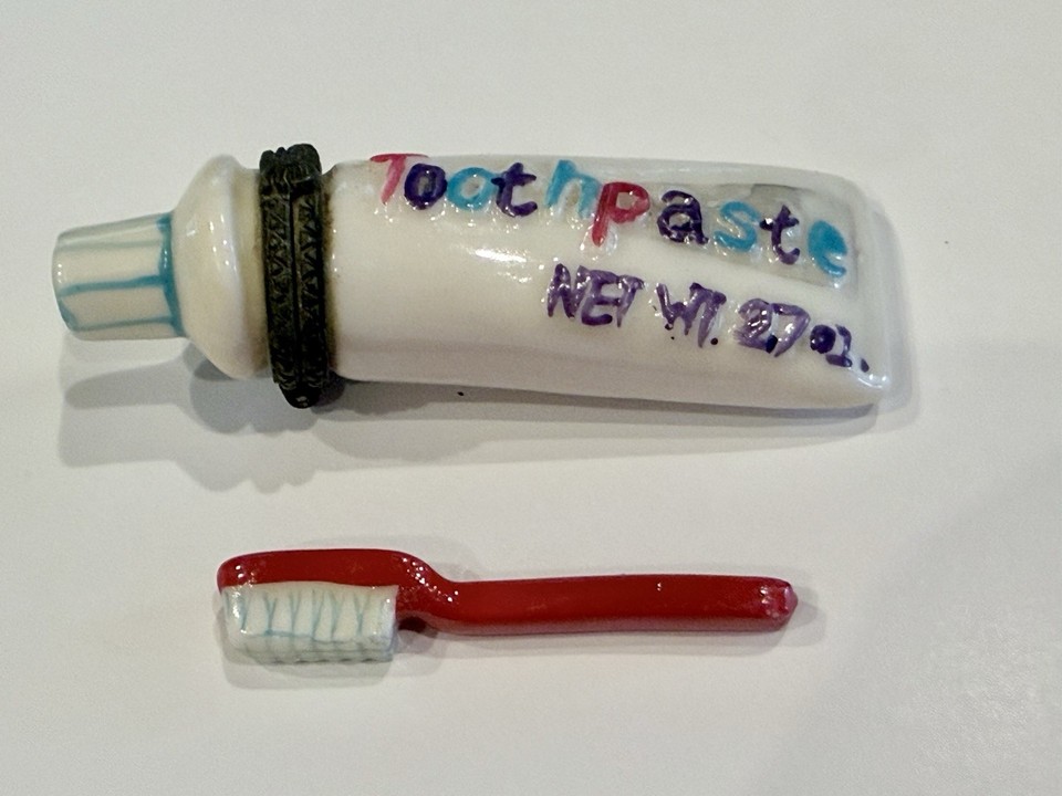 Vintage Mini Toothpaste Tube Porcelain Hinged Trinket Box w/ Red Toothbrush