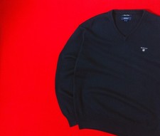 GANT Men 100 Cotton Navy Blue Color Shield Sweater Size L / 50 V-Neck Jumper