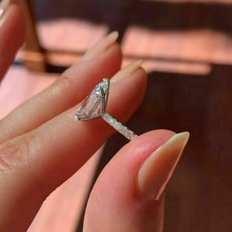 4Ct Pear Cut Lab Created Diamond Solitaire Engagement Ring 14K White Gold Plated - Image 4 of 4