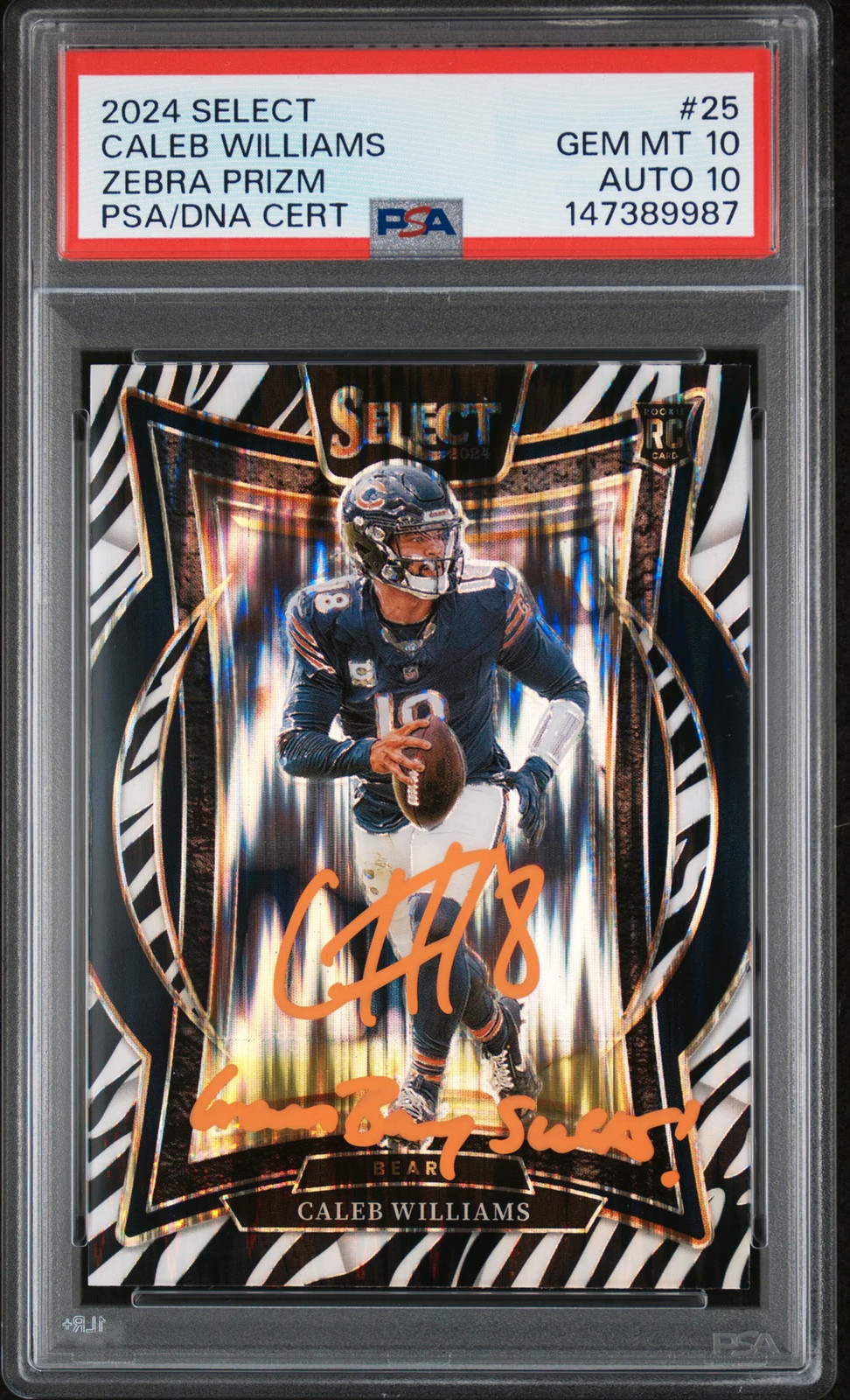2024 Panini Select Caleb Williams #25 Zebra Prizm Rookie PSA 10 Auto 10