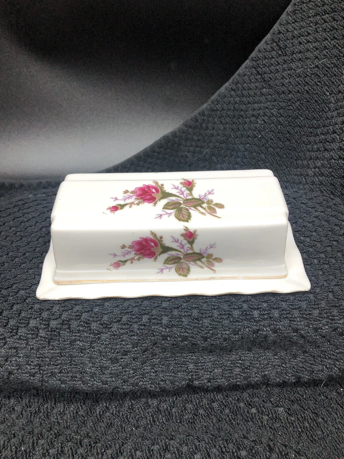 Lidded Butter Dish Pink Moss Rose Pattern on White Porcelain Made in Japan