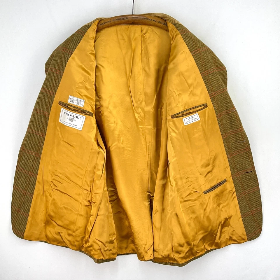 Crombie Tweed Sports Jacket Mens 46R Green Check Wool Corduroy Hacking Blazer - Image 3 of 4