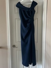 Xscape Asymmetrical Neckline Fit & Flare Navy Gown with a Side Slit Size 10