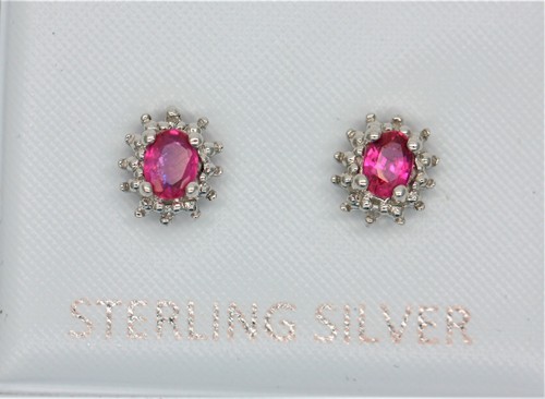 Sterlingsilber Natürliche Rubin & Diamant Ohrstecker Britische Herstellung - Bild 2 von 5