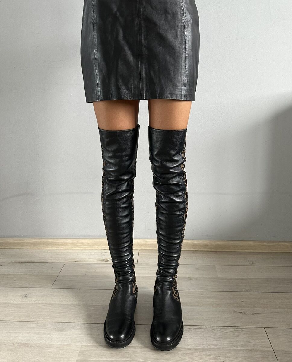 1,5k Authentic Fendi Rockoko FF Zucca Leather Over The Knee Boots EU 38,5  US 8,5