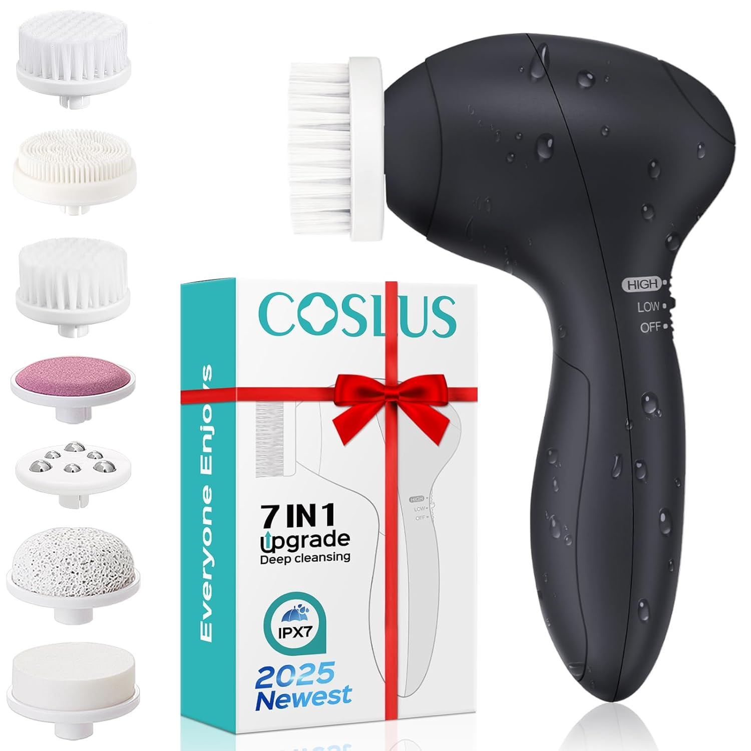COSLUS Facial Cleansing Brush Silicone Face Scrubber: 7 in 1 FBS-D Electric Exfo