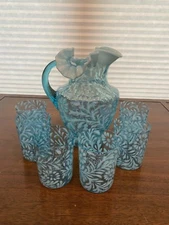 STUNNING VTG FENTON Blue Opalescent "DAISY & FERN" Pitcher & Tumblers SET(7)