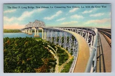VINATAGE HUEY P. LONG BRIDGE, NEW ORLEANS, LA ~ AERIA VIEW LINEN POSTCARD HK
