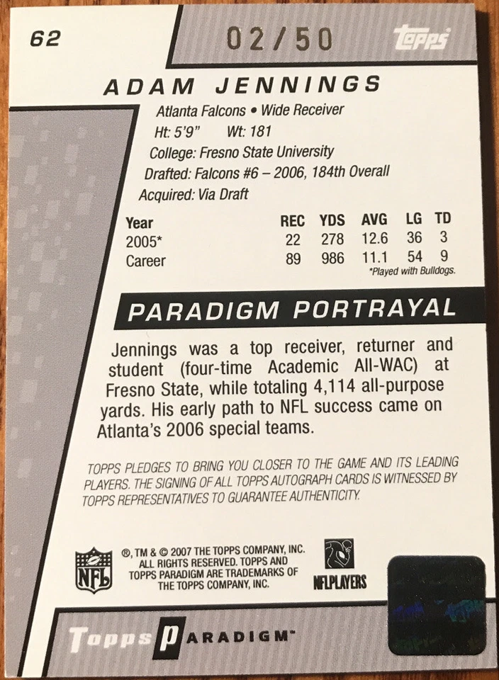 2007 Topps Paradigm Gold Rookie Autograph Adam Jennings #62 #’d 02/50 - Image 2 of 2