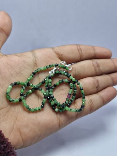 925 Sterling Silver 18" Strand Necklace Ruby Zoisite Gemstone 3 mm Round Beads - Picture 9 of 12