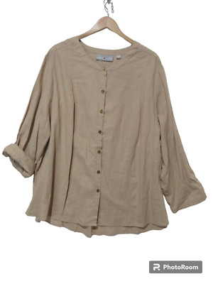Sz 26/28 AVENUE Studio 55% Linen Tunic Top Shirt Lagenlook Boho Minimalist Beige