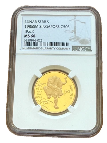 Singapore 1986 Gold 1/2 oz 50 Singold NGC MS68 Lunar Series - Tiger