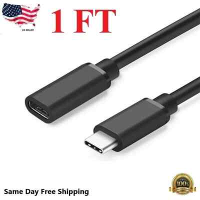 New 1 Feet Type C USB 3.1 Male to USB-C Female Extension Data Cable Cord Black