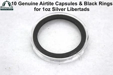 10 Genuine Airtite Coin Capsules with BLACK Rings for 1oz Silver Libertads