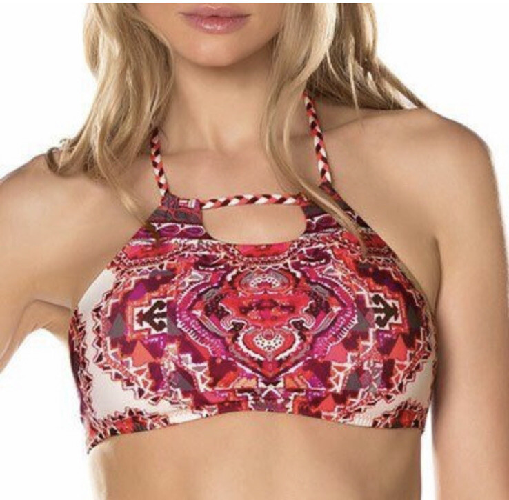 NWT $68 BECCA *SEYCHELLES* RED GEO PRINT STRAPPY BIKINI TOP D CUP