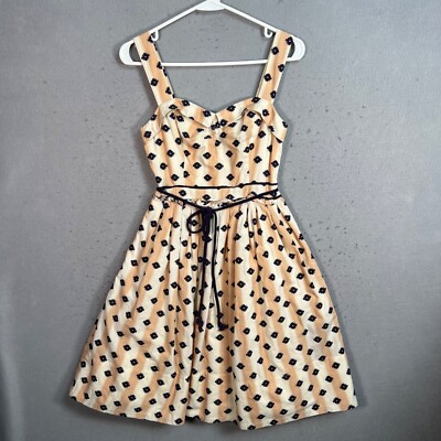 Maeve Beige & Black Embroidered Midi Dress With Tie Waist & Striped Pattern  | eBay