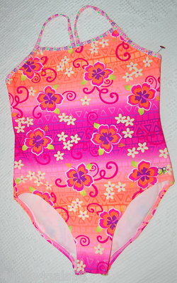 Girls 1 Pc Swimsuit PINK ORANGE PURPLE Hibiscus Flowers L 10-12 XL 14 ...
