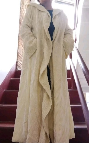 Vintage CHAYES Rare Butter Cream Crushed Velvet Hooded Cloak Coat W Pockets Lrg - Picture 6 of 22