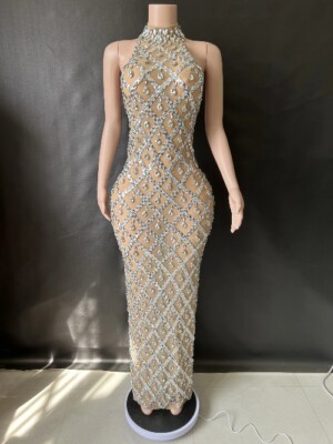 Women Sexy Stage Shining Rhinestone Sequins Dress Evening Prom Birthday Dress 
