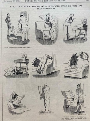 1928 ZEITUNG NACHDEM DIE FRAU GELESEN HAT PUNSCH-CARTOON von Beauchamp
