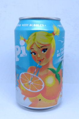 Empty Pipi Orange soda can; 330 ml / 11.2 fl oz; BOTTOM opened