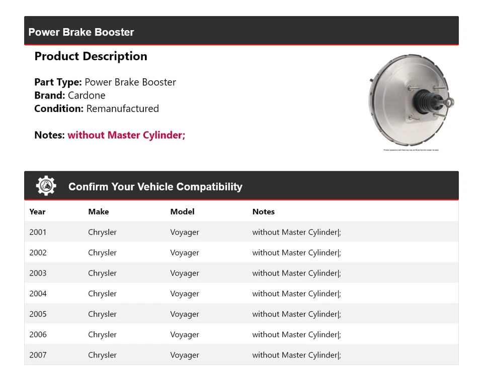 Para Chrysler Voyager 2001-2007 Power Brake Booster Cardone 2002 2003 2004 2005 Foto 2 de 4