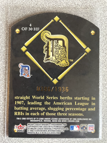 2002 Fleer Fall Classic Ty Cobb Hall Of Fame Plaque Card /1936 #4HF Tigers - Picture 2 of 2