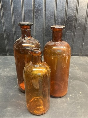 Early 1900's Large Amber Lysol And Chemical Bottle Lot, Lot Of 3