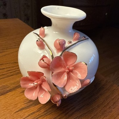 Handcrafted Ceramic White Porcelain W/pink Plum Blossoms Ball Vase W/gold Trim