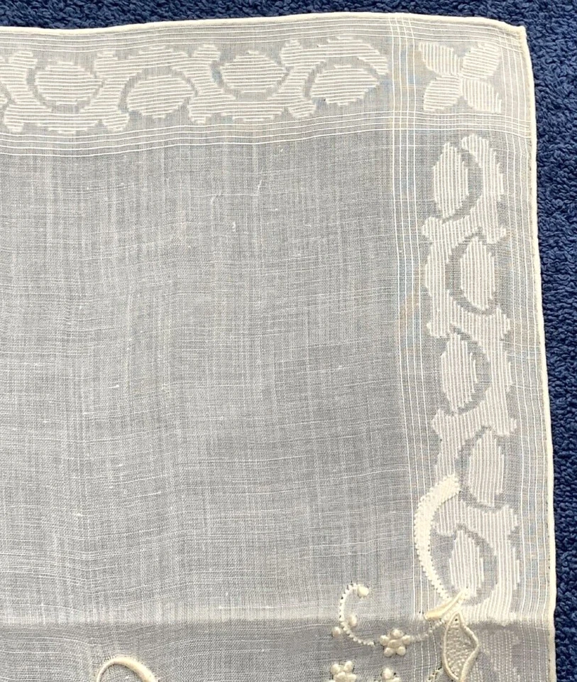 Монограмма H носовые платки цветочная вышивка Мадейра лен белое золото лот из 3 винтажных - Изображение 4 из 4