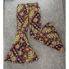Vintage Bell Bottom Pants Size 7 USA Floral Festival Dopamine Hippie Wide Leg